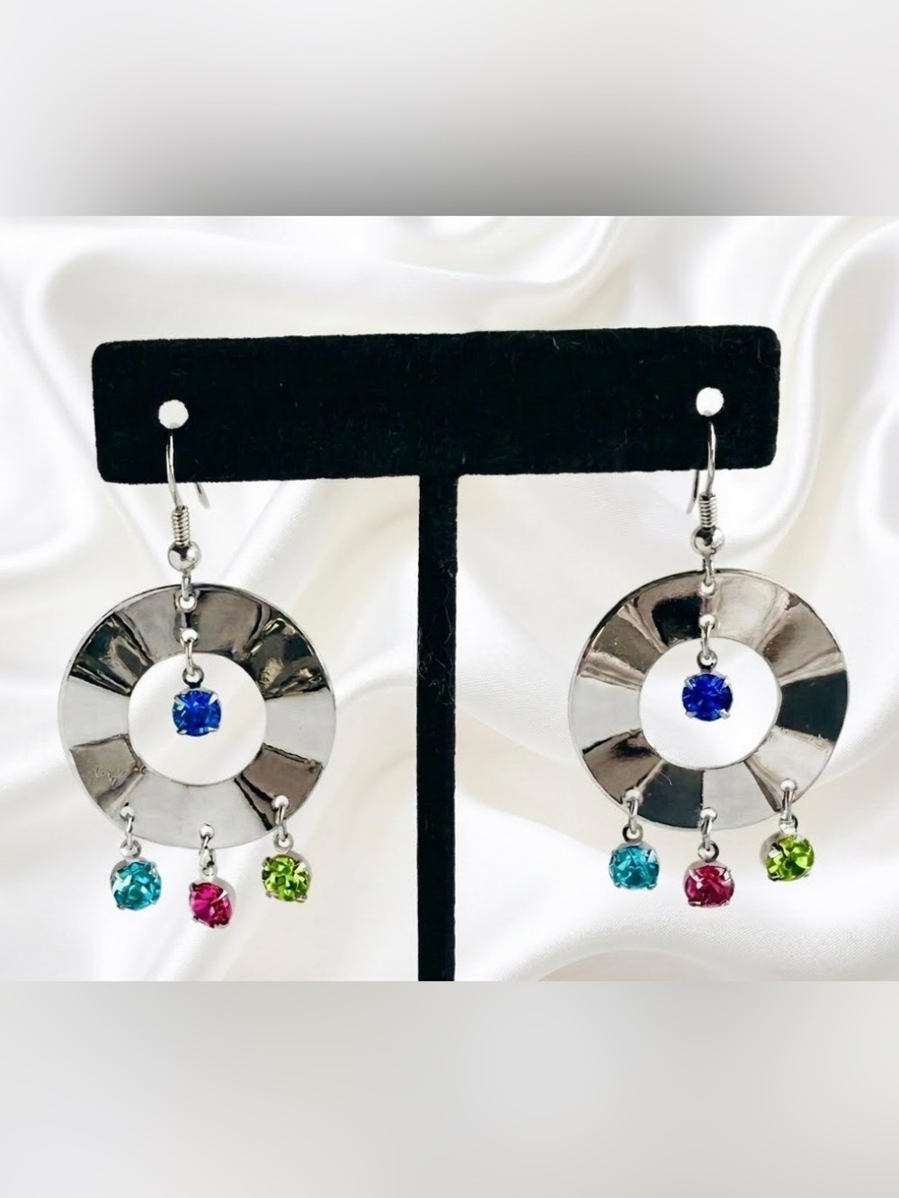 Retro Wavy Circle Modernist Dangle Earrings Silver Multicolored Rhinestones